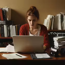woman with laptop and stacks of papers on table