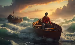 a man sitting in the front of a boat while waves crash with people in it,a painting of a man on his own boat in the water with a man sitting next to him, holding a stick