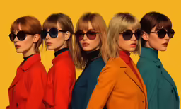 five models in orange coats and sunglasses with yellow background
