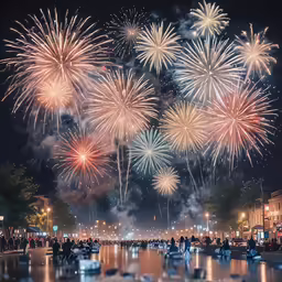 the fireworks are in the night sky with other boats docked