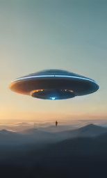 a large silver object flying over mountains at sunset