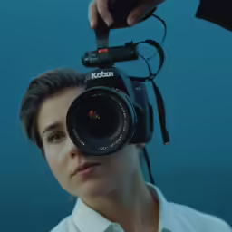 a person with an old camera behind it