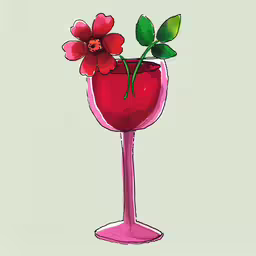 a drawing of a wine glass with red flowers,a glass with red wine and flower on top