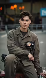 a boy wearing a uniform and holding a camera