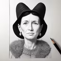an old woman with a large hat with a feathered collar