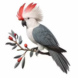 a white and gray parrot with red feathers sitting on a branch