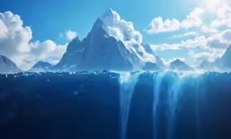 a water mountain in the distance has blue water running down it