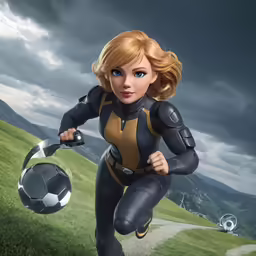 a beautiful woman in a black and brown suit carrying a soccer ball