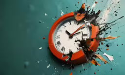 an orange clock is broken and the numbers on the face have been ripped