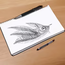 drawing of a feathered fish with a pen