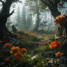 an area with various wild flowers and a path