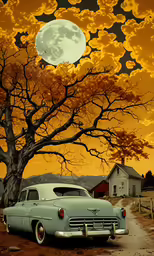 an old car parked under a tree on a dirt road