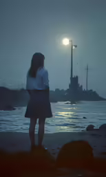 a woman stands at the beach at night