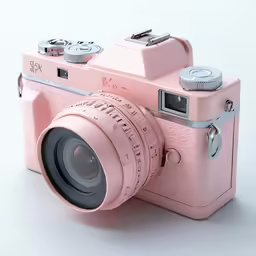 an old pink camera is sitting on a table