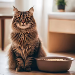 a cat sits next to its food bowl