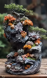 a bonsai tree is displayed on a wooden table