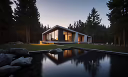 a modern house near water at dusk