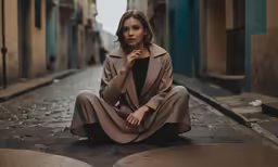woman in an outfit sitting on the street, looking at camera