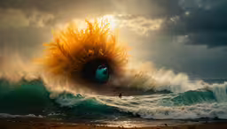 there is a big ocean wave coming in with the person in it,a big wave coming out of an ocean next to a beach