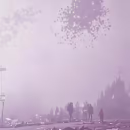 people walk on a foggy day near the river