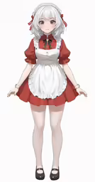 a girl with white hair, red dress and shoes
