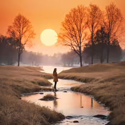 a woman is standing near a small stream