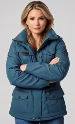 a woman wearing a coat and jeans, she has her arms crossed