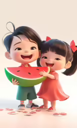 a digital illustration of two people holding a piece of watermelon