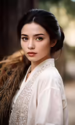 a young woman is photographed wearing an asian dress