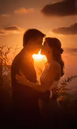 a couple embrace as the sun sets behind them