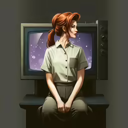 the girl sits on the desk looking at the television