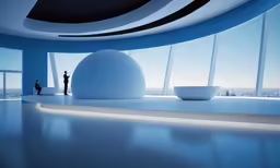 an abstract architectural rendering with several white balls
