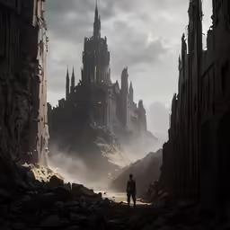 a man is walking through the ruins of a castle