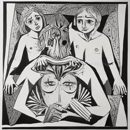a drawing of three women on a bed