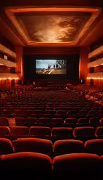 a large auditorium with a long row of seats,the empty seats in a theatre are illuminated by orange lights
