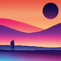two people looking at a colorful sky with mountains behind them,the silhouettes of two people on a mountain top are featured in this landscape painting