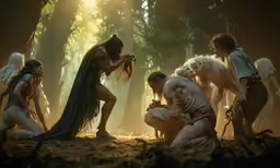 a group of people are in the woods