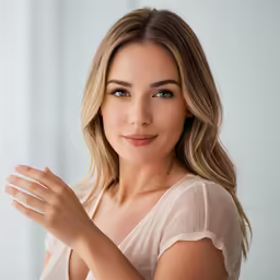 a woman standing in front of a white backdrop