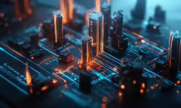 a digital image of city buildings surrounded by futuristic circuit boards