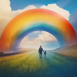 a painting of a man and child walking under a large rainbow