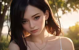 an attractive woman wearing jewelry standing by a tree
