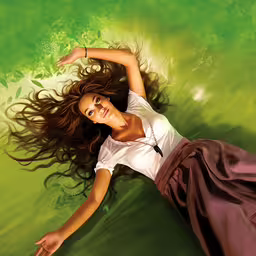 a woman laying on her side with a long hair,an image of a beautiful woman in white top and skirt laying on the grass