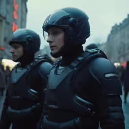 two guys dressed in black outfits wearing helmets and jackets