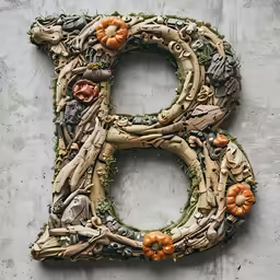the letter b decorated with moss and leaves