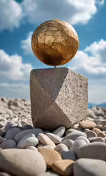 a golden ball on top of two stacked rocks