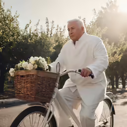 the man is riding his bike with flowers in the basket