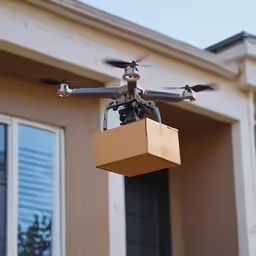 a person is holding onto a box while flying a small black and white unmanned aircraft