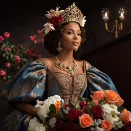 a beautiful black woman in a renaissance outfit holding flowers