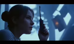 a woman with a gun is looking through a window