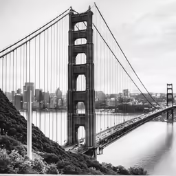 the golden gate bridge is surrounded by a long and steep hill